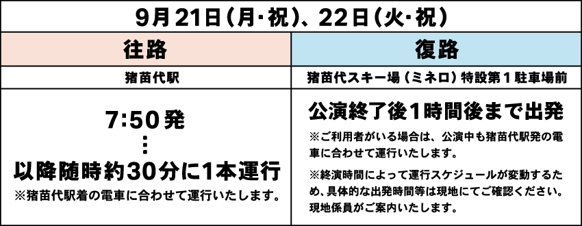 シャトルバスプラン（猪苗代駅発着）時刻表